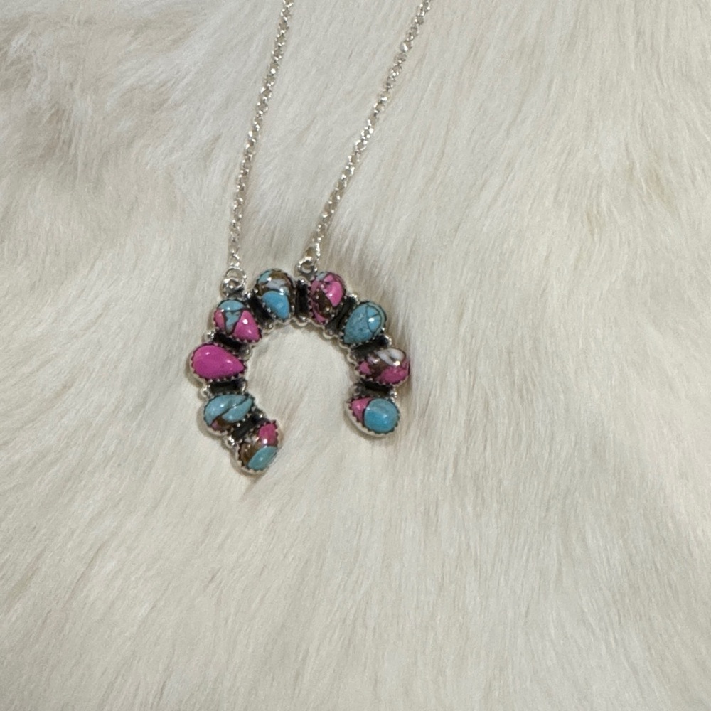 Silver Necklace with Pink and Blue Stones